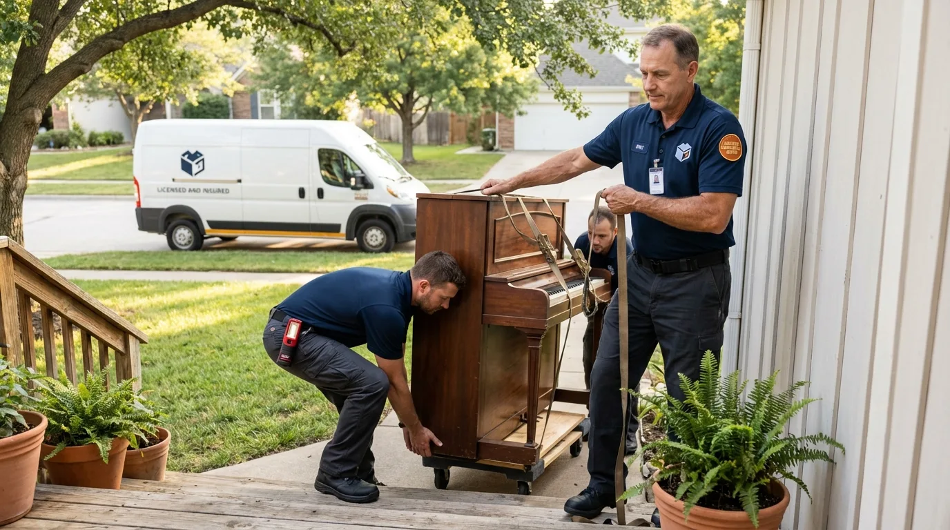 Licensed piano movers securing grand piano in Downieville, CA